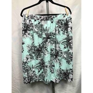 So Rad Tropical Floral Print Midi Skirt Teal Black White Elastic Waist XL